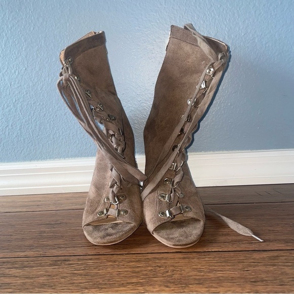 Taupe 🍁 Suede lace up heels fall heels stiletto pumps zipper heels - Picture 3 of 11